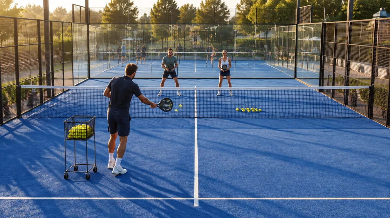 Dezelfde trainer geeft les aan een stel van rond de 35 jaar, aan de overkant van het net