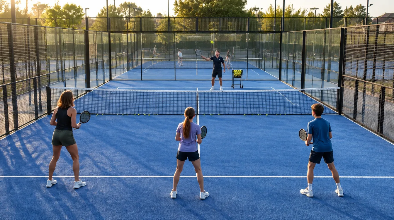 Een padeltrainer geeft les aan een moeder en haar twee kinderen, die achter de servicelijn klaarstaan