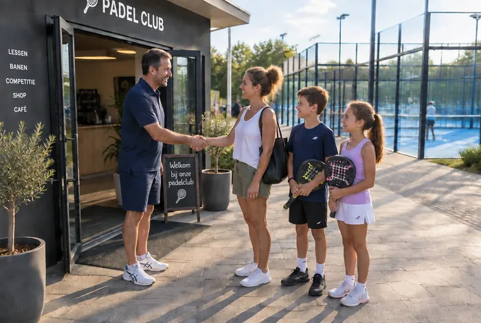 De clubeigenaar geeft bij de ingang van de club een hand aan een moeder die met haar twee kinderen en hun rackets aankomt