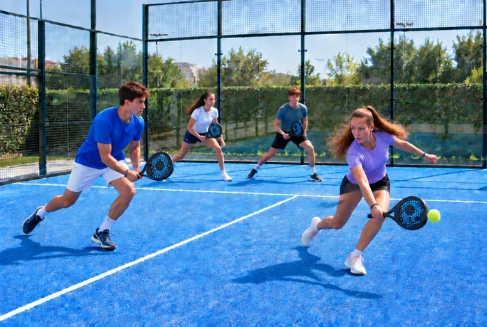 Vier padelspelers in beweging tijdens een les op de baan